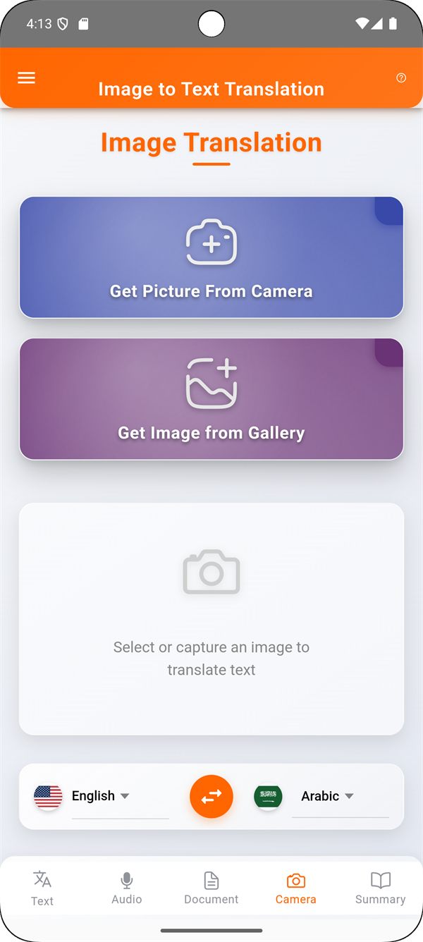 Camera image translation screen with capture and gallery buttons