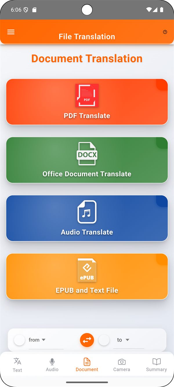 Document translation screen showing PDF and Office file options