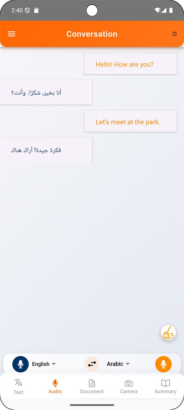 Live voice conversation translation interface with two language sides